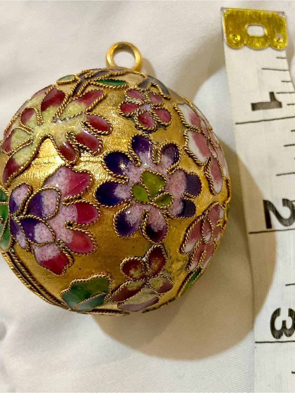 Beautiful Vintage Cloisonné Christmas Ornament Gold, Purple Pink & Green Flowers